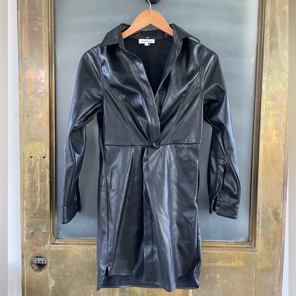 Heartloom Black Faux Leather Deep V Mini Dress Size S